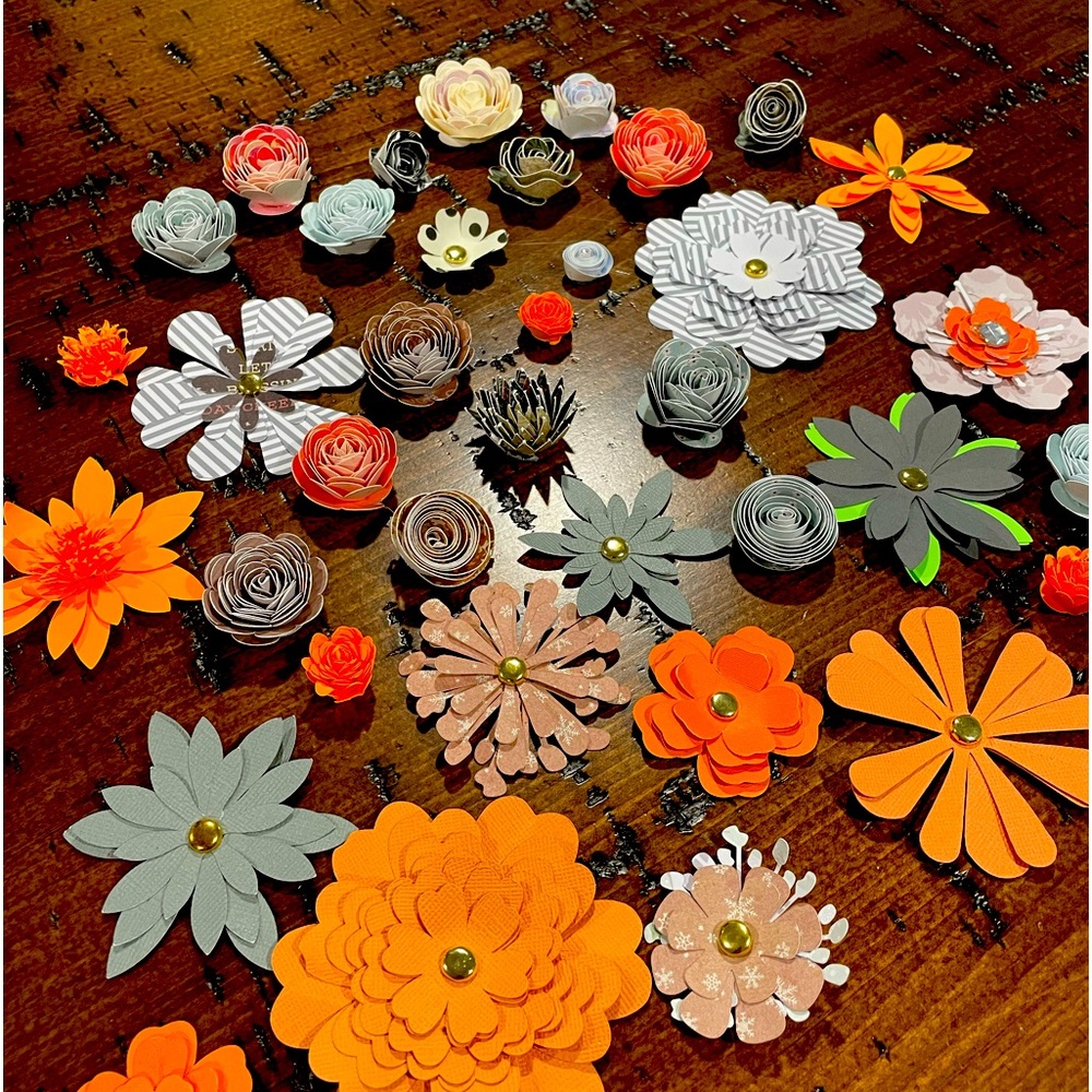 76 pcs Orange Grey Peach Yellow White Rolled Flowers Bundle Handcrafted Autumn